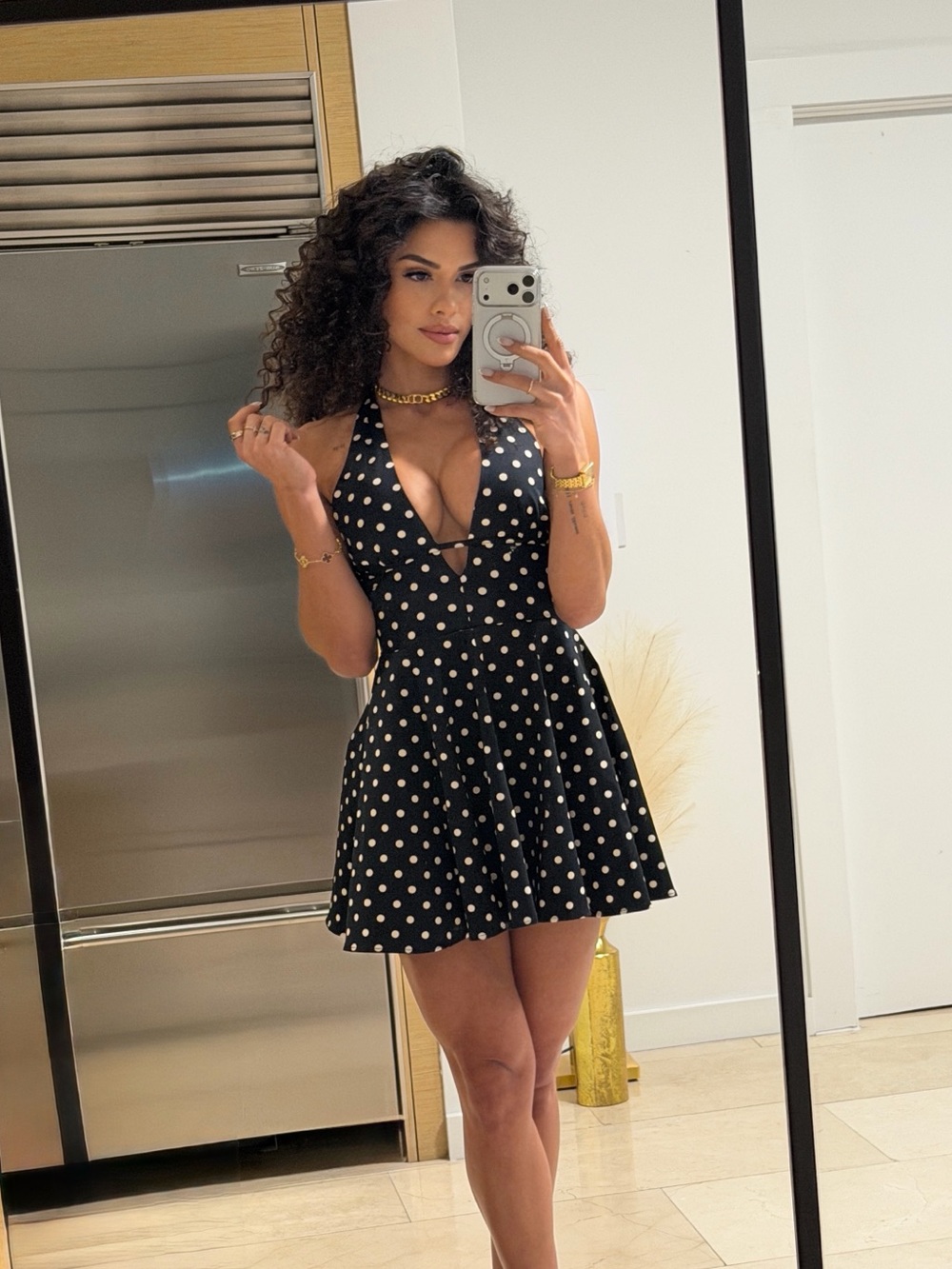 Zara Black Mini Dress with White Polka Dots - Halter V-Neck